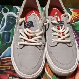 Boys Sperry Canvas Sneakers with Red and Gray Accents